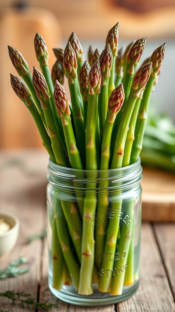Fresh asparagus spears standing in a jar, symbolizing health and freshness.
